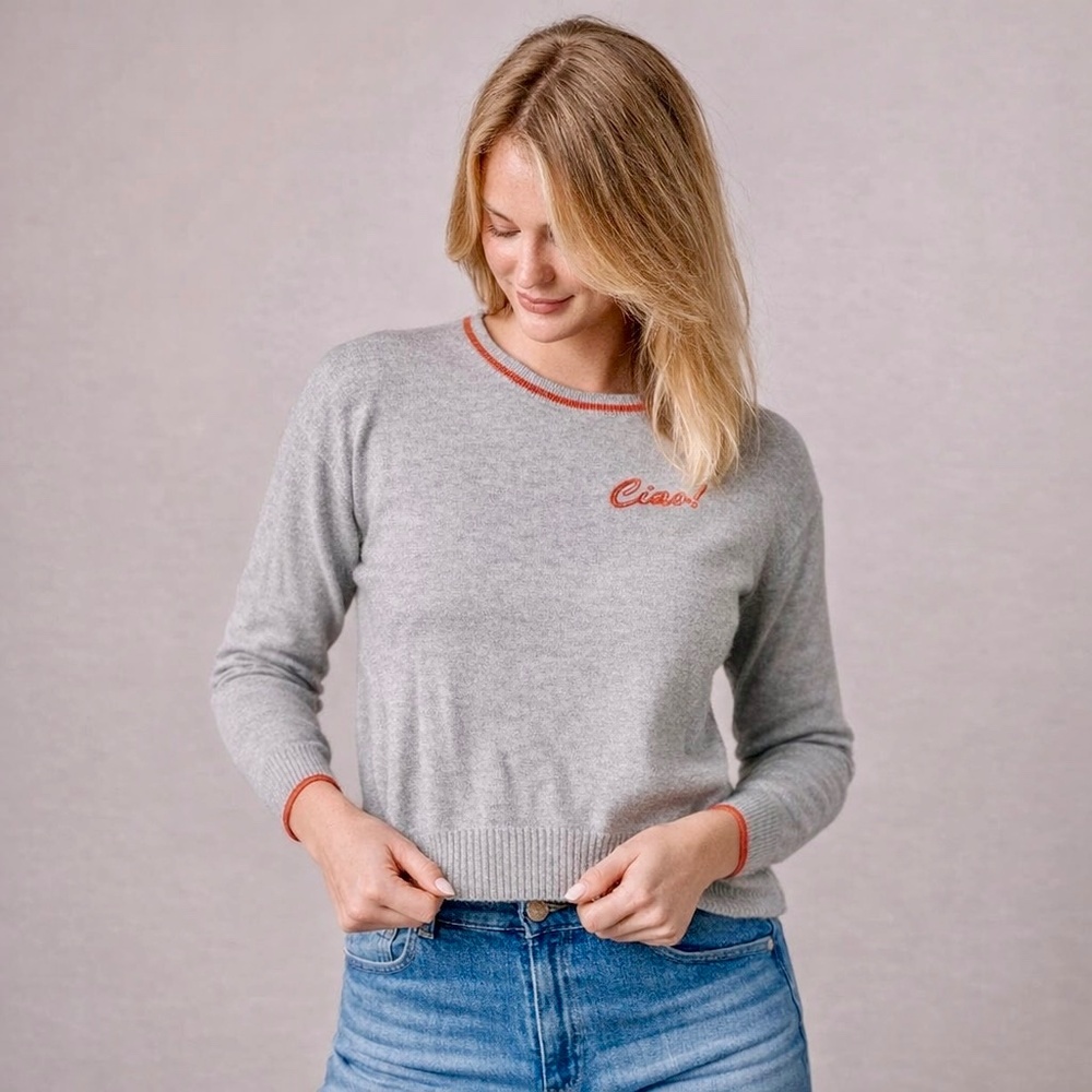 Banana Republic‎ XS Ciao Embroidered Crewneck Sweater Gray Orange Trim